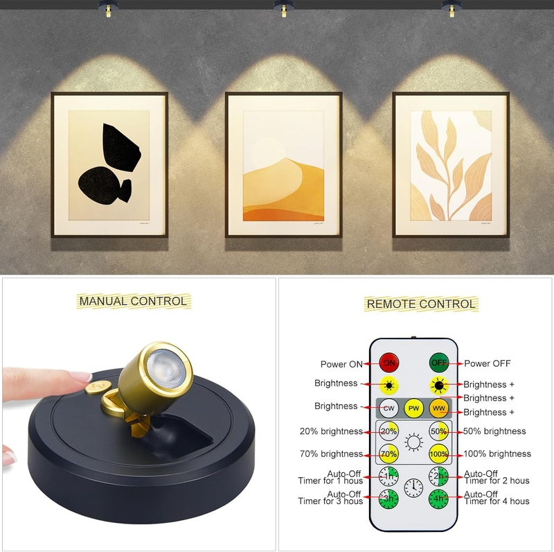 Arixinks Rechargeable Wireless Battery Spotlight Indoor for Plant Trees at Home Remote Control with 3 Colors Lighitng Mini Dimmable Uplight Led Accent Wall Spot for Pictue Painting Light with Timer-off - Image 5